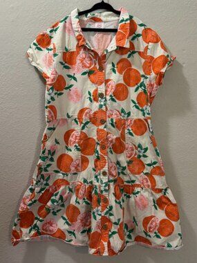 Girls Orange Citrus Print Button Up Shirt Dress Size XL (14-16)